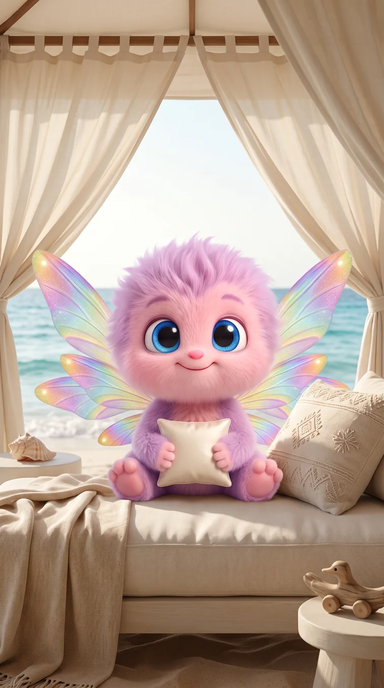 Moombee, a pink fluffy creature with rainbow wings, sits on a sofa by a window with a sea view