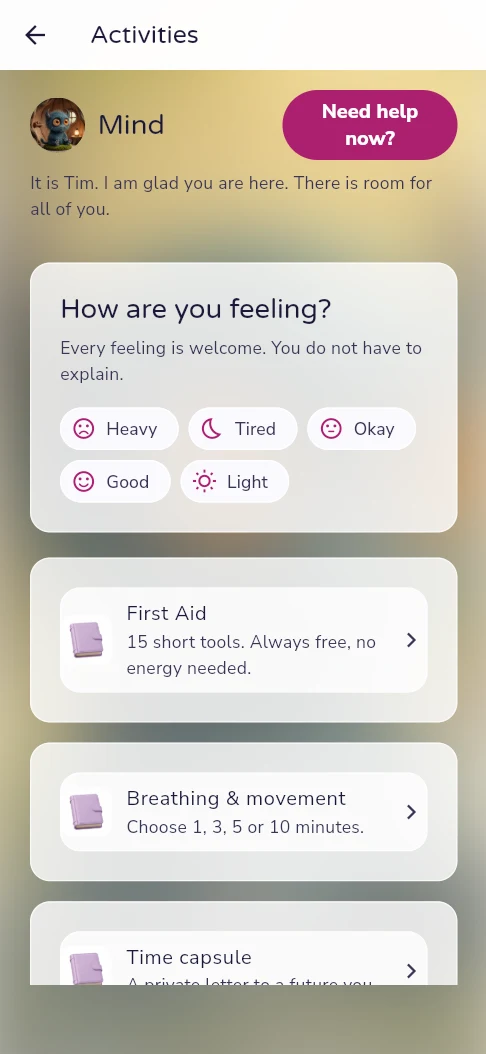 Mind screen: How are you feeling, with First Aid tools and breathing exercises