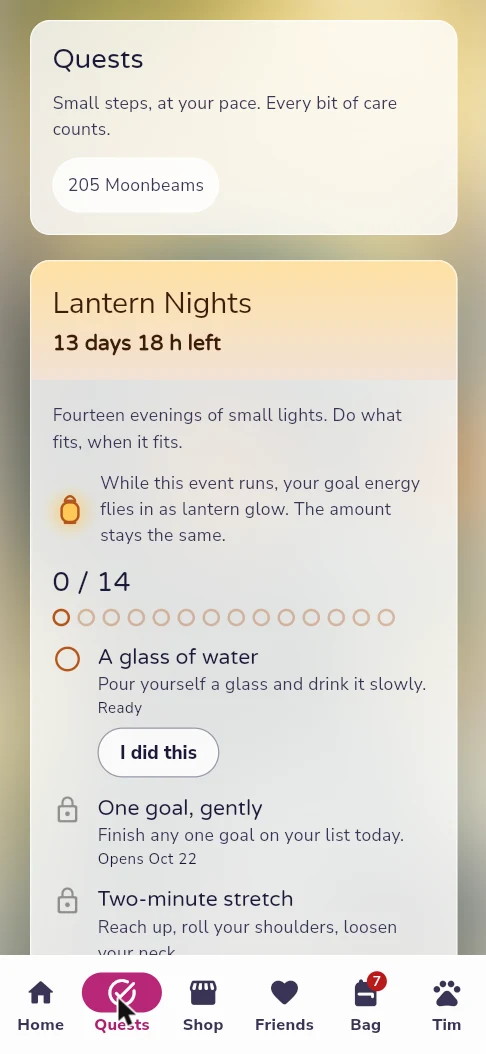 Quests screen: small goals like a glass of water and a two-minute stretch